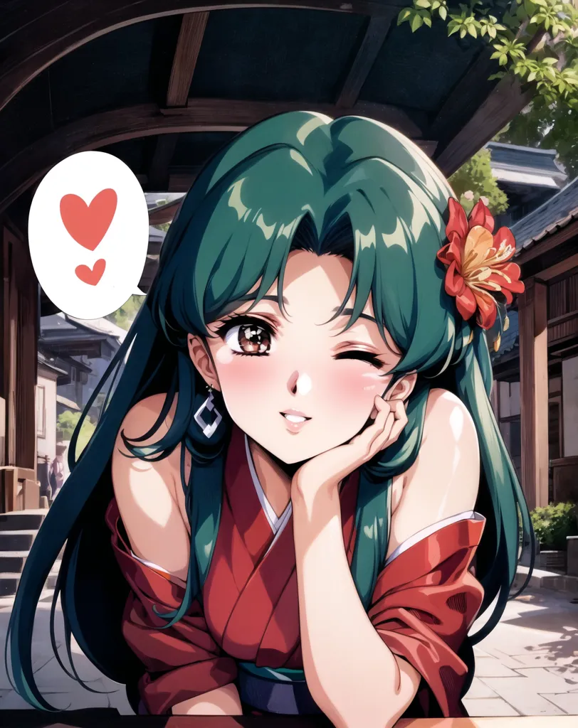 The picture shows a beautiful anime girl with long green hair and brown eyes. She is wearing a red kimono with white sleeves. The girl has a flower in her hair and is winking at the viewer. There are two pink hearts next to her head. The background is a traditional Japanese street with wooden houses and a stone path.