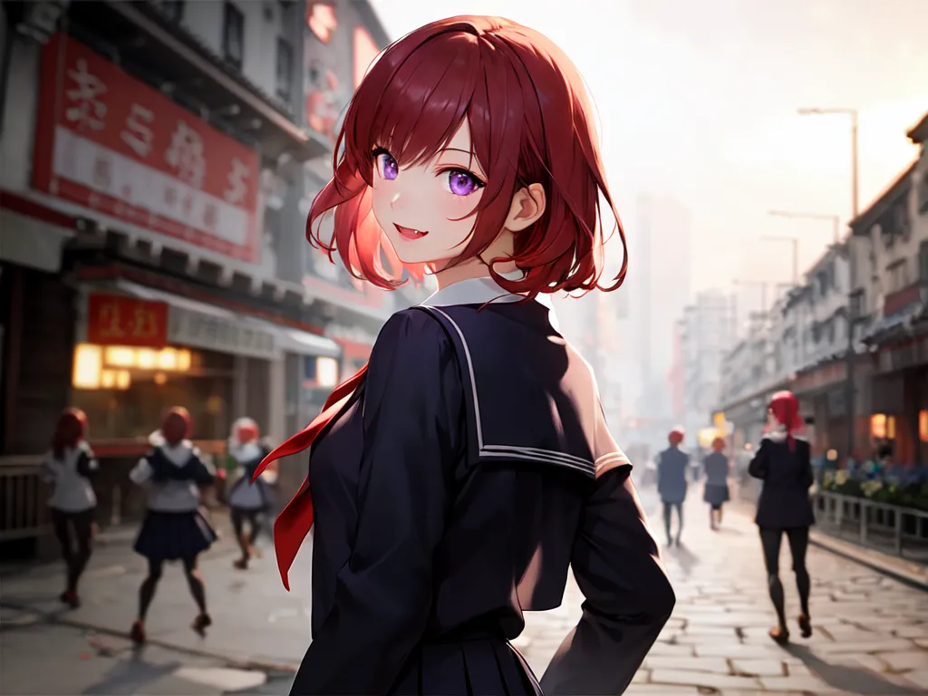 The image shows a young woman with red hair and purple eyes. She is wearing a black sailor-style uniform with a red scarf. She is standing in a busy street with other people walking around her. The background is a blurred cityscape with traditional Chinese architecture.