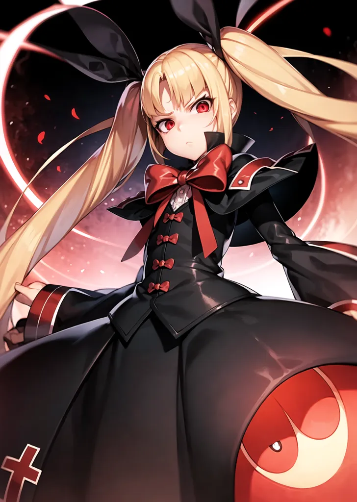 This image is of a young woman with long blonde hair and red eyes. She is wearing a black dress with a red bow and a black hat with red ribbons. She is also carrying a large red ball with a face on it. The background is dark with red and black smoke-like shapes.