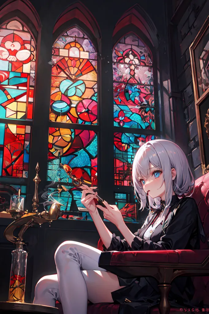 The image is a painting of a young woman sitting in a chair and smoking. She has white hair and blue eyes, and is wearing a black dress with a white collar. The background is a stained glass window, which is depicting a scene of a forest. The woman is sitting in a relaxed pose, with one leg crossed over the other. She is holding a cigarette in her right hand and is looking at it with a thoughtful expression. The painting is done in a realistic style, and the colors are vibrant and lifelike.