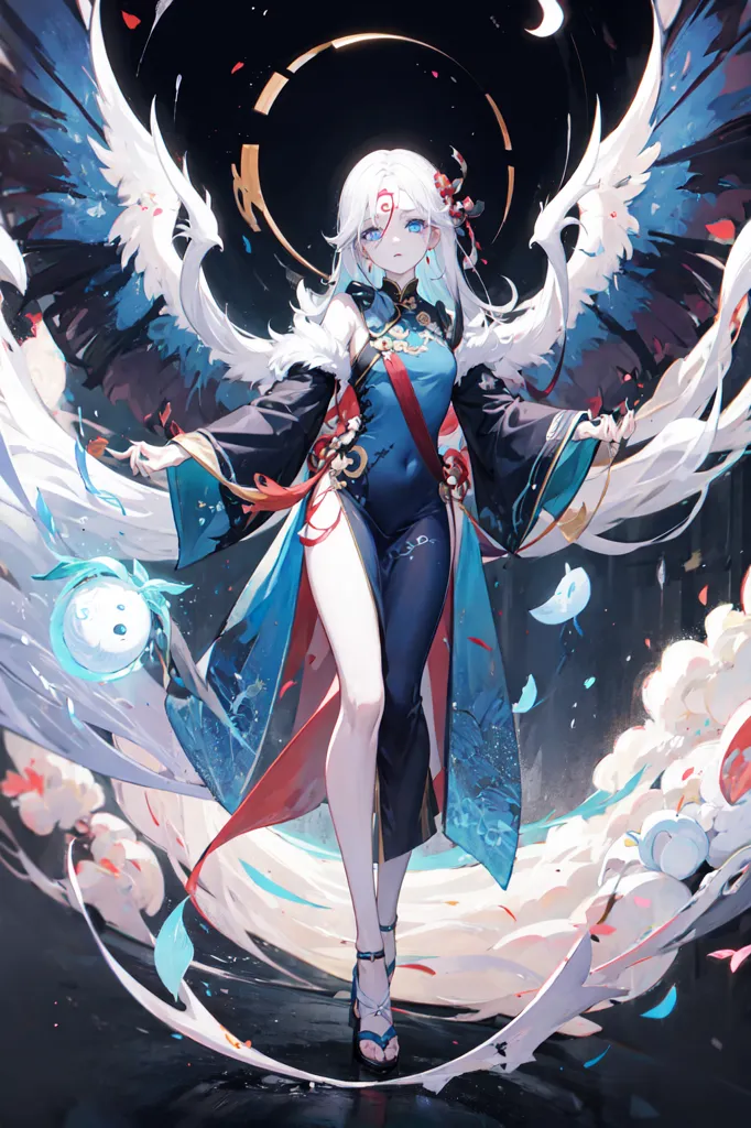 The image is of a young woman with white hair and blue eyes. She is wearing a blue and white dress with a red sash. She has white wings and is surrounded by a blue and white mist. There are also some small, white, ghost-like creatures flying around her. The background is black with a white circle in the middle. The woman is standing on a black platform with a red carpet.