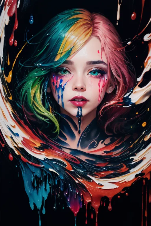 L'image est un portrait d'une jeune femme au visage expressif. Elle a des cheveux multicolores vifs et des yeux sombres. Son visage est recouvert de peinture colorée. Elle porte un collier noir et une substance sombre coule le long de son cou. L'arrière-plan est sombre avec quelques éclaboussures de couleur.