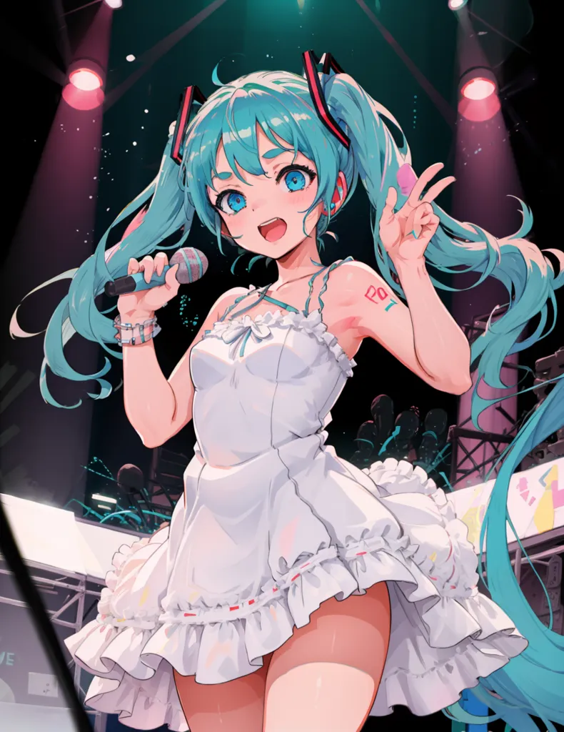 The image shows a young woman with long blue hair, blue eyes, and a pink tattoo on her left arm. She is wearing a white dress with a ruffled skirt and a blue ribbon in her hair. She is holding a microphone in her right hand and has her left hand raised in the air. She is standing on a stage with spotlights shining on her. There are also large speakers and a screen behind her. The background is dark with a few spotlights visible.