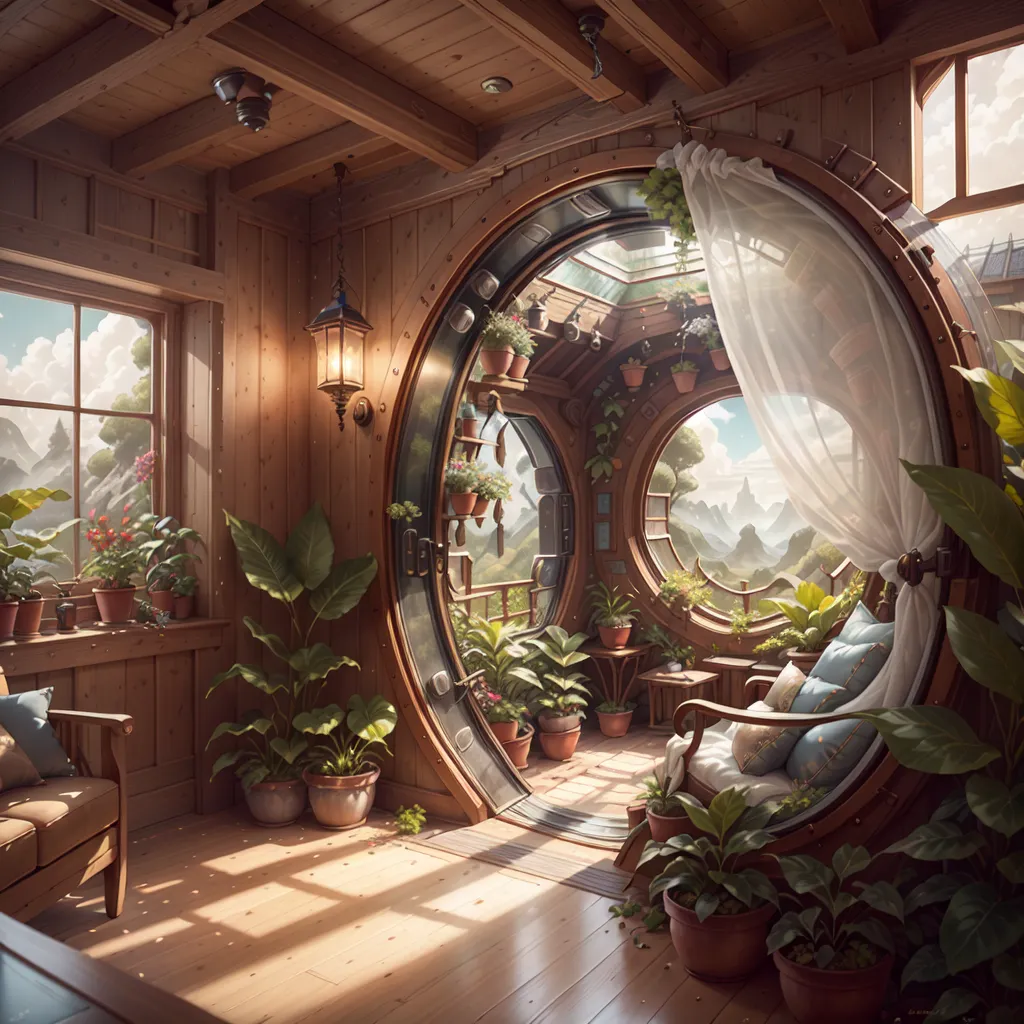 The image is a beautiful rendering of a cozy living space. The room is mostly constructed of wood and furnished with comfortable-looking furniture. The centerpiece of the room is a large, round window that looks out onto a lush landscape. There are plants growing all around the window, and the sunlight is streaming in, creating a warm and inviting atmosphere. The room is decorated with a variety of rustic and natural elements, such as wooden beams, stone floors, and fur accents. There is a large, comfortable-looking couch in front of the window, and a few other chairs and tables scattered around the room. The room is full of light and warmth, and it looks like a very comfortable place to relax and enjoy the view.