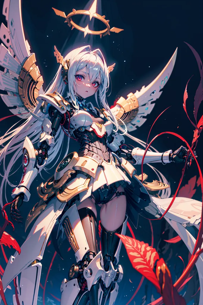 Esta é uma imagem de uma personagem feminina com cabelos brancos longos e olhos vermelhos. Ela parece estar usando um macacão branco e dourado com um grande halo de metal acima da cabeça. Ela tem grandes asas brancas e douradas e está cercada por várias vinhas vermelhas e espinhosas. Ela está em pé em um vazio azul escuro com uma luz brilhante ao fundo.