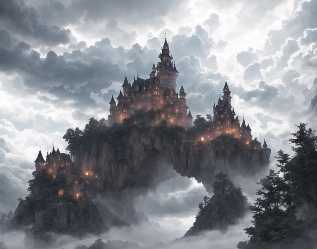 L'image représente un château de fantasy sombre. Le château est construit sur une falaise rocheuse et est entouré de nuages. Le château est fait de pierre grise et a de nombreuses tours et tourelles. Les fenêtres sont éclairées, ce qui suggère qu'il y a des gens à l'intérieur. Le ciel est sombre et nuageux, et il y a un sentiment de menace dans l'air.