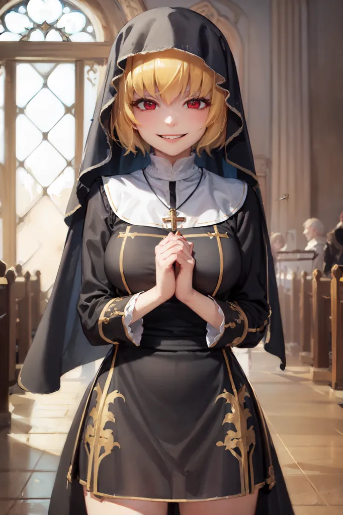 The image depicts a young woman dressed as a nun. She has short blonde hair and red eyes. She is wearing a black habit with a white collar. The habit is trimmed with gold and has a gold cross on the front. She is standing in a church with her hands clasped in prayer. There are other people in the church, sitting in pews. The church is decorated with stained glass windows and marble columns.