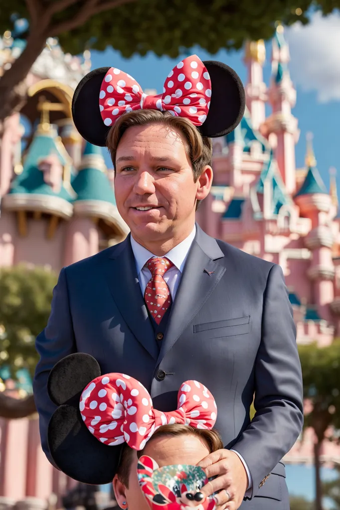 Cette image montre Ron DeSantis, le gouverneur de Floride, portant un costume et une cravate, avec une paire d'oreilles de Minnie Mouse à pois rouges et blancs sur la tête. Il se tient devant un château de Disney, qui est rose et bleu avec des tourelles et des drapeaux. Il y a des arbres et un ciel bleu en arrière-plan.