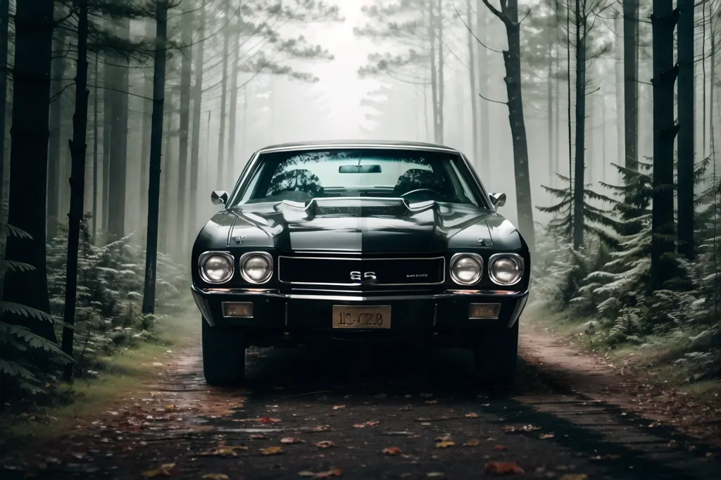 The image shows a black 1970s Chevrolet Chevelle SS muscle car with a white racing stripe on the hood. The car is parked in a forest on a foggy day. The trees are tall and bare-branched. The ground is covered in leaves. The car is facing the viewer. The headlights are on. The car is in pristine condition and looks like it has just been restored.