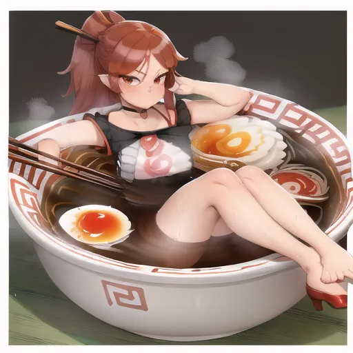 The image depicts a young woman with long brown hair and red eyes sitting in a large bowl of ramen. She is wearing a black and white swimsuit with a red collar and a pair of red high heels. The woman is holding a pair of chopsticks in her right hand and is resting her left hand on the side of the bowl. She has a contented expression on her face and is surrounded by steam from the ramen.