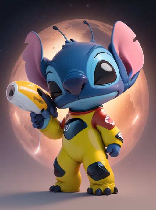 The image shows a cartoon character named Stitch from the movie "Lilo & Stitch". Stitch is a small, blue alien with large ears and a mischievous expression on his face. He is wearing a yellow spacesuit with a red collar and black stripes on the arms and legs. He is also holding a gun. In the background, there is a large moon.