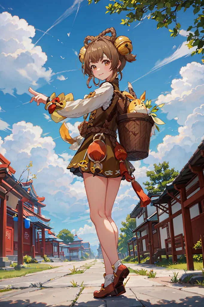 This is an image of a girl in a Chinese-style outfit. She has brown hair and brown eyes, and she is wearing a white top, a brown skirt, and a brown hat with rabbit ears. She is carrying a basket on her back and is pointing with her right hand. She is standing in a street with traditional Chinese-style buildings on either side. The sky is blue and there are some clouds in the background.