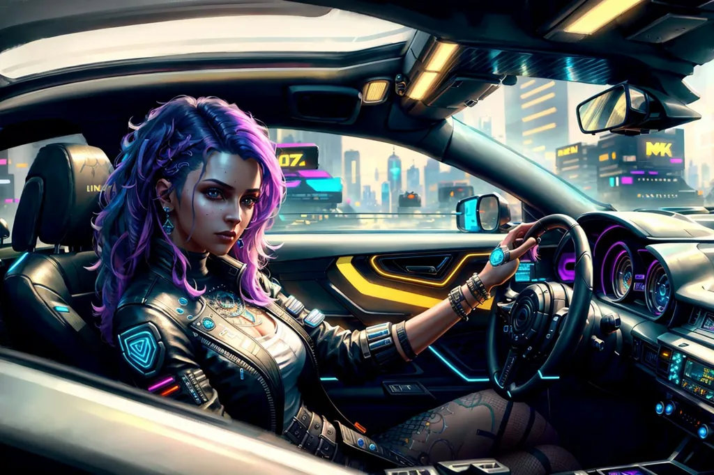 Una mujer con el cabello morado está sentada en el asiento del conductor de un automóvil futurista. Lleva una chaqueta de cuero negro y tiene muchas mejoras cibernéticas, incluyendo un ojo brillante y un brazo de metal. El automóvil también es muy futurista, con un diseño elegante y un techo transparente. La mujer está conduciendo en una ciudad, y los edificios son altos y están cubiertos de luces de neón.