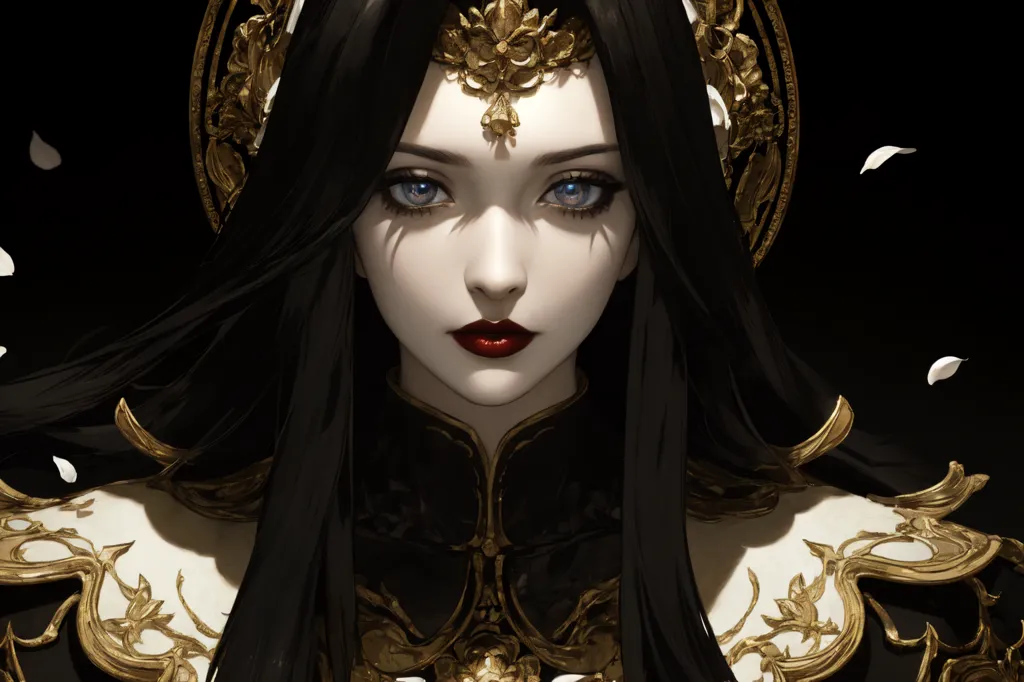 La imagen es un retrato de una hermosa mujer con cabello negro largo, ojos azules y labios rojos. Lleva un vestido negro y dorado con un cuello alto y un tocado dorado. El fondo es oscuro con pétalos blancos cayendo desde la parte superior de la imagen.