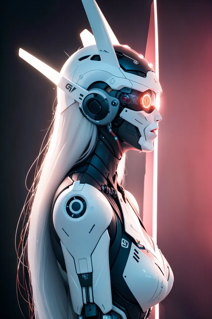 The image is a portrait of a female cyborg. She has long white hair, and her face is mostly covered by a white helmet with a red eye. She is wearing a black and white bodysuit, and there are several red lights on her body. She is standing in front of a dark background, and there are two glowing red lines on either side of her.