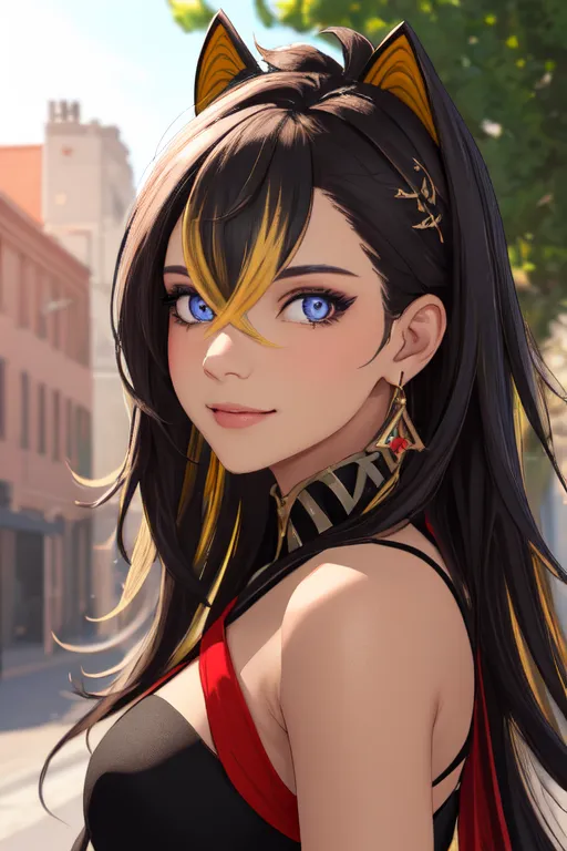 The image shows a young woman with long black and yellow hair. She has blue eyes and cat ears. She is wearing a black and red dress with a golden necklace. She is standing in a street with buildings in the background.