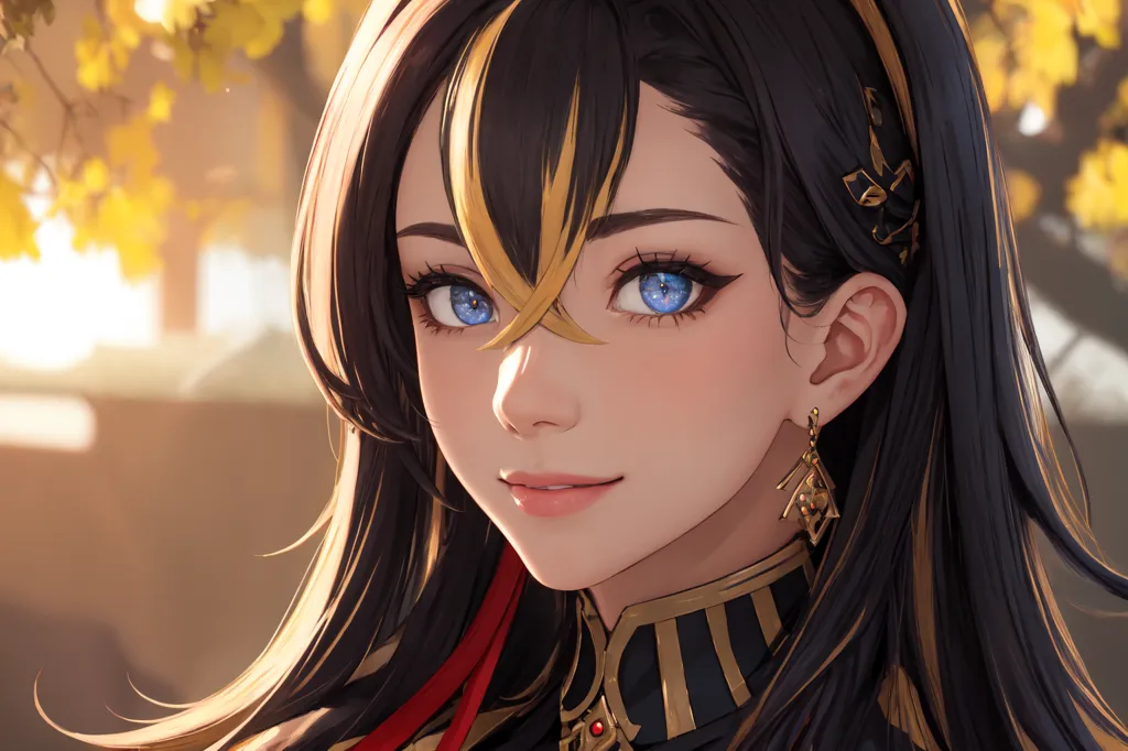 The image is a portrait of a young woman with long black hair and blue eyes. She is wearing a black and gold outfit with a red scarf. The background is blurry and looks like it is a forest. The woman has a gentle smile on her face and is looking at the viewer.