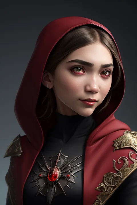 This is an image of a young woman with brown hair and red eyes. She is wearing a red hood and a black and red outfit. The hood is trimmed with gold and has a gold symbol on the front. The outfit has gold trim and a red jewel in the center. The woman is looking at the viewer with a serious expression.