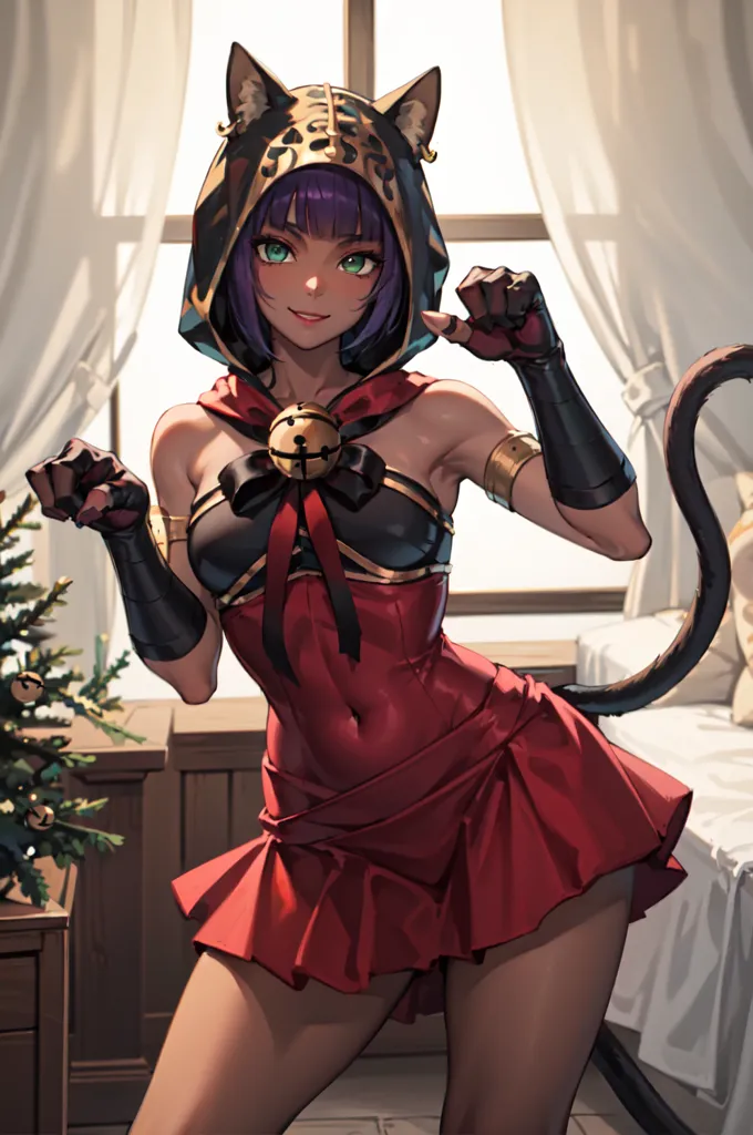 The image is of a young woman with purple hair and green eyes. She is wearing a red and black dress with a hood and cat ears. She is also wearing a bell around her neck and has a cat tail. She is standing in front of a window and there is a Christmas tree in the background.