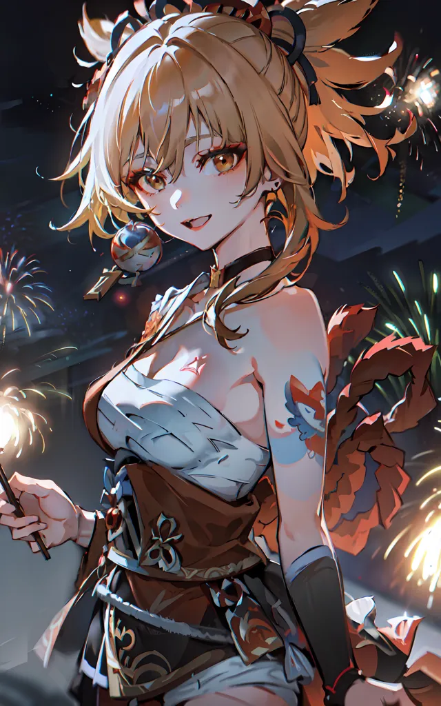 The image is of a young woman with long blonde hair and orange eyes. She is wearing a white and red kimono with a brown sash and a red bow in her hair. She is holding a sparkler in her right hand and there are fireworks in the background. The background is a dark sky with a few stars. The woman is smiling and has a happy expression on her face.