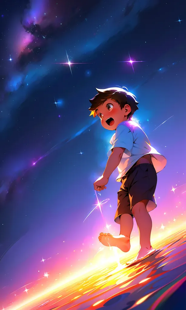 The image is of a young boy standing on the edge of a body of water, looking up at a night sky filled with stars. The boy is wearing a white shirt and black shorts, and he is barefoot. He has a happy expression on his face, and his eyes are wide open in wonder. The water is calm and still, and it reflects the light of the stars. The sky is dark blue, and it is filled with bright, twinkling stars. The stars are of different colors, including white, yellow, and red. The boy is standing in a relaxed pose, and he appears to be enjoying the moment. The image is peaceful and serene, and it captures the beauty of a summer night.