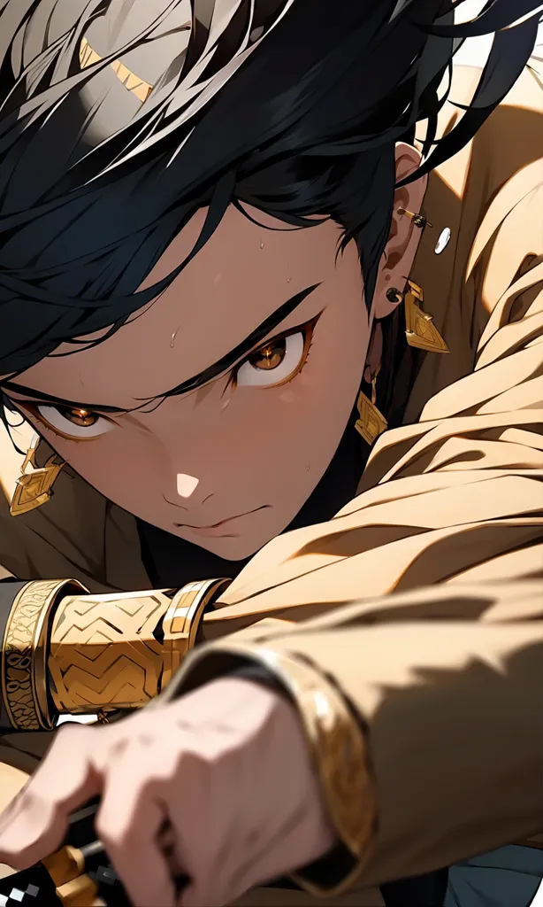 This is an image of a young man with dark hair and gold eyes. He is wearing a brown jacket and has a number of gold bracelets on his right arm. He is looking at the viewer with a serious expression. The background is out of focus and is a darker color than the foreground.