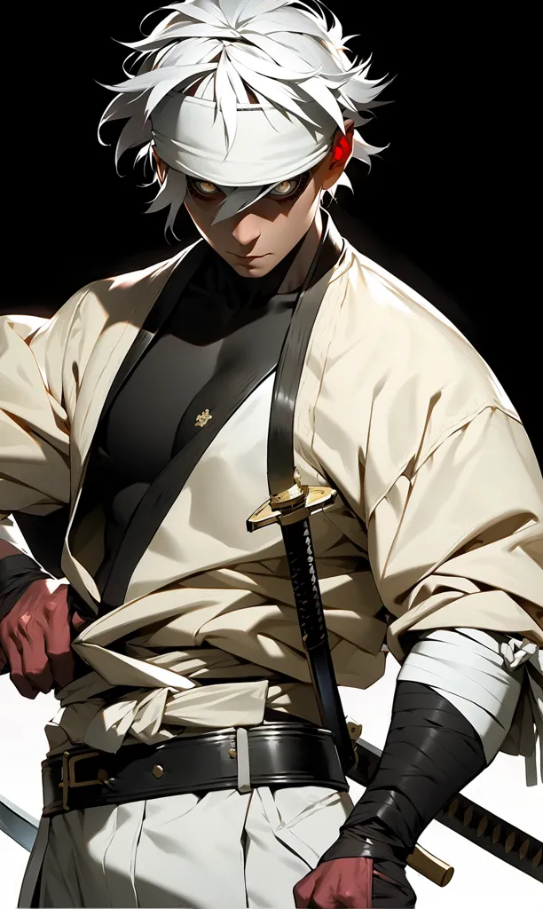 The image is of a young man with white hair and red eyes. He is wearing a white headband and a white shirt. He is also wearing a black belt and a black sword. He has a serious expression on his face. He is standing in a dark room. There is a light shining on him from the front. The image is of a high quality and the details are clear.