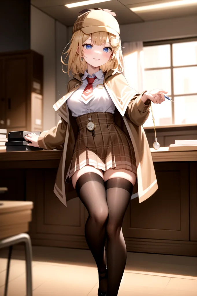 The image shows a young woman with blonde hair and blue eyes. She is wearing a brown trench coat, a white blouse, and a gray pleated skirt. She also has a red tie and a brown hat on. She is standing in an office, and there are books and papers on the desk behind her. She is holding a pocket watch in her right hand.