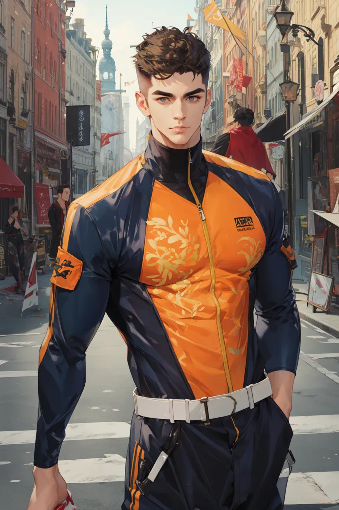 The image shows a young man with short brown hair and blue eyes. He is wearing a black and orange tracksuit with a white belt. The tracksuit has a floral pattern on the chest. He is standing in a street with a building in the background. There are people walking on the street.