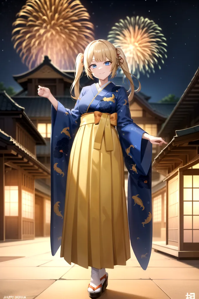 The image is a beautiful anime girl with long blonde hair and blue eyes. She is wearing a yellow and blue kimono with a fish pattern. She is standing in a traditional Japanese street with fireworks in the background. The girl is smiling and looks happy.