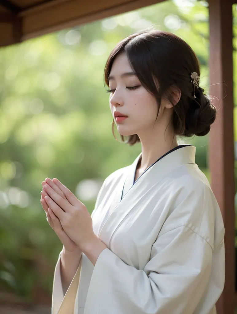 L'image montre une jeune femme vêtue d'un kimono blanc, les mains jointes devant la poitrine. Elle a une expression sereine sur le visage et les yeux fermés. Ses cheveux sombres sont tirés en chignon. L'arrière-plan est flou et semble représenter un jardin japonais traditionnel avec des plantes vertes.