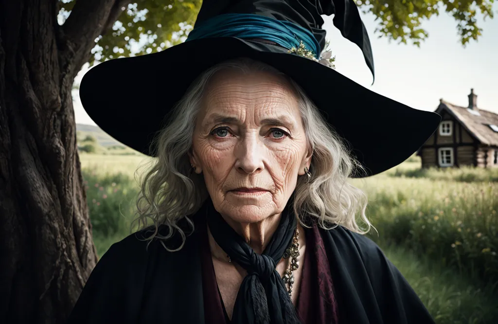 The photo shows an old woman, with long white hair, wrinkles on her face, blue eyes, and a beauty mark on her right cheek. She is wearing a black witch hat with a blue ribbon and a black cloak with a purple scarf around her neck. She is standing in a field, with a large tree next to her, and a small cottage in the distance.