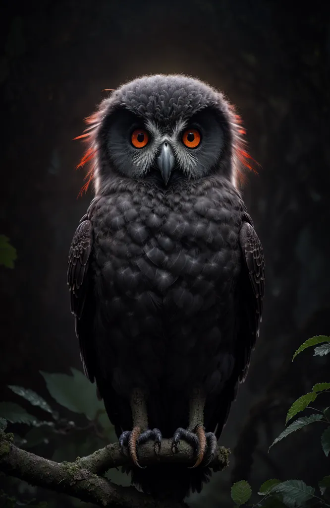 The image is a photo of an owl with red glowing eyes and feathers sticking up on its head like a Mohawk. The owl is perched on a branch in front of a dark background. The owl's feathers are black and its beak is yellow. The owl is looking at the camera with its head cocked to the side.