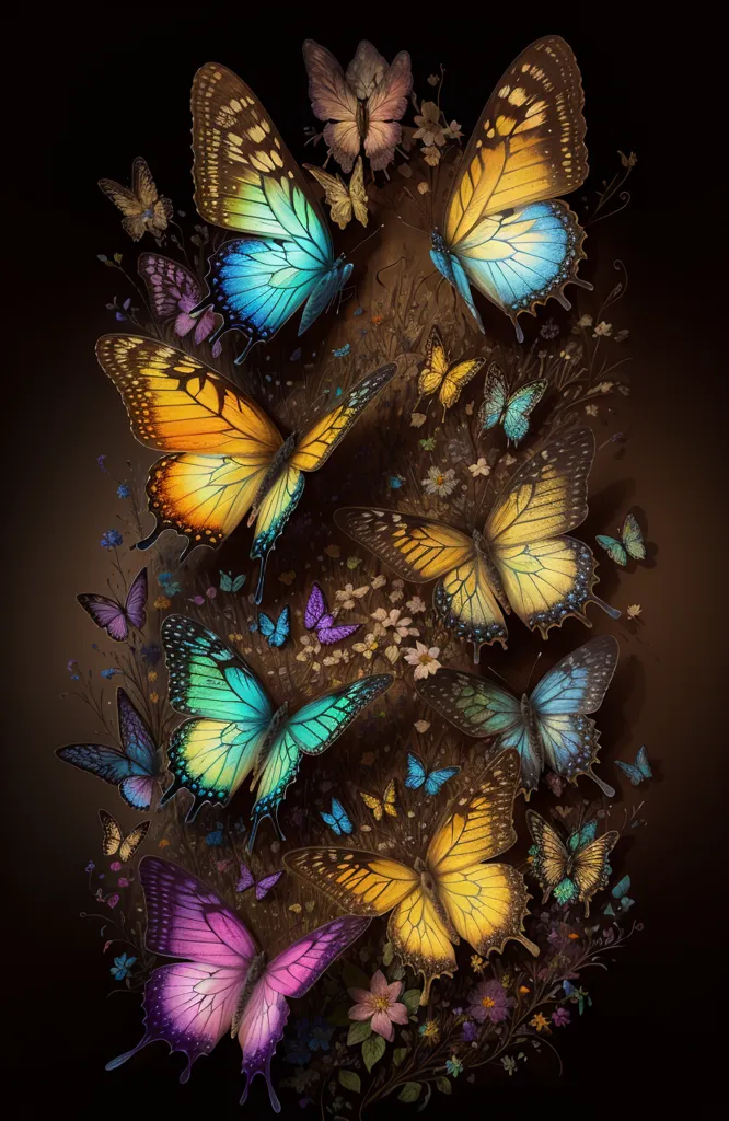 The image is a dark background with a cluster of butterflies in the center. The butterflies are mostly yellow, blue, and purple, with some pink and green. They are all different sizes, and they are all flying in different directions. There are also some small flowers in the image, and they are mostly purple, pink, and white. The image is very beautiful, and it looks like a real photograph.