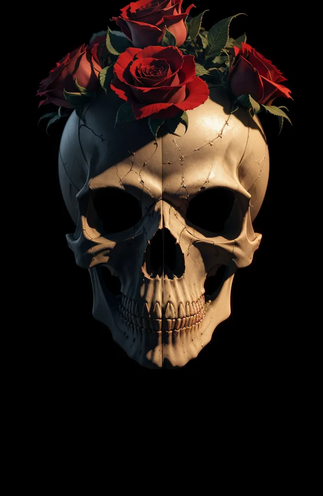 Ceci est un crâne avec une couronne de roses rouges. Le crâne fait face au spectateur et a un fond sombre. Les roses sont en pleine floraison et ont des feuilles vertes. Le crâne est fissuré et a un trou au front. Les dents sont exposées et la mâchoire est légèrement ouverte.