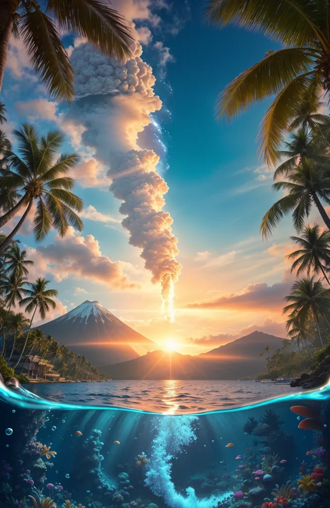 The image is a beautiful landscape of a tropical island with a volcano. The volcano is erupting, but the sky is still blue and the sun is shining. The island is covered in palm trees and there is a coral reef in the ocean. The water is crystal clear and you can see all the way to the bottom. There are a few fish swimming around and the reef is full of colorful coral. The image is very peaceful and relaxing.
