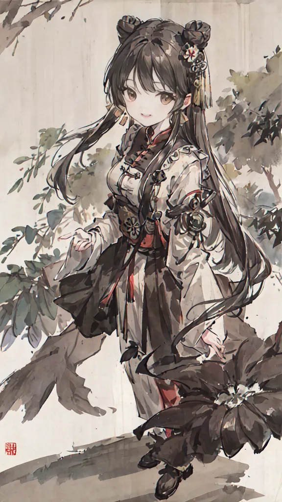 A imagem é uma pintura chinesa de uma jovem mulher vestindo um traje tradicional chinês. Ela tem cabelos pretos longos e olhos castanhos. Ela está usando um cheongsam branco e vermelho com uma saia preta e um colarinho branco com detalhes vermelhos e dourados. O cheongsam possui designs e padrões intrincados. Ela também está usando um par de sapatos pretos com solas vermelhas. A mulher está em pé em uma floresta com uma grande árvore atrás dela. A árvore tem folhas verdes e galhos marrons. A mulher está sorrindo e parece feliz. A pintura é feita em um estilo realista e as cores são vibrantes e brilhantes.