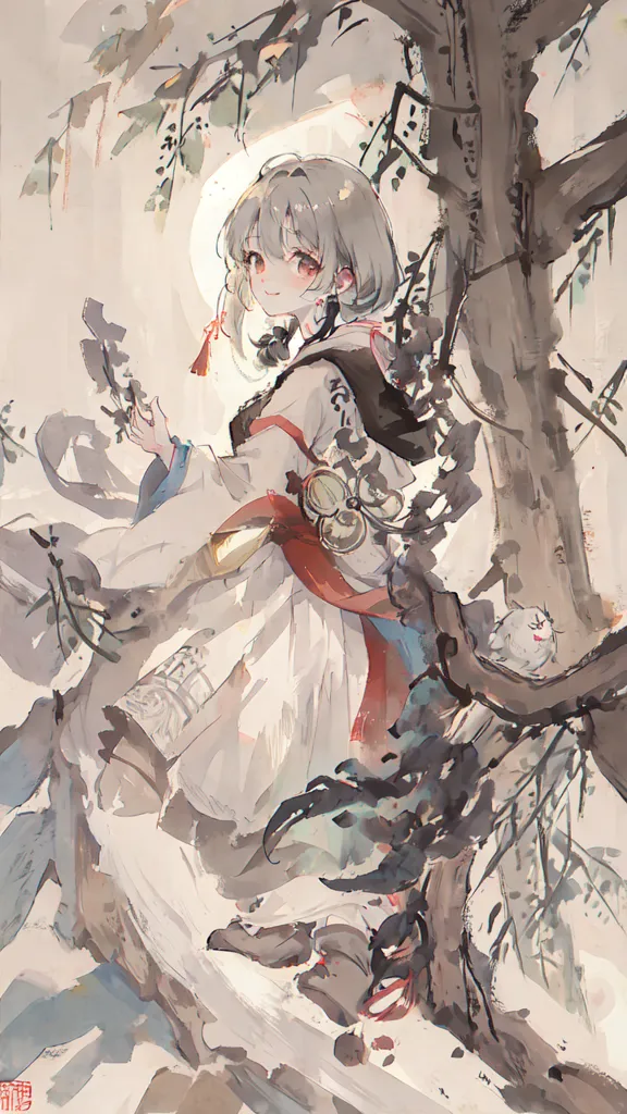 The image is a painting of a girl in a white kimono standing in a forest. The girl has long, flowing hair and is holding a branch of a tree. She is looking at a small white creature sitting on the tree branch. The background of the painting is a blur of trees and leaves.