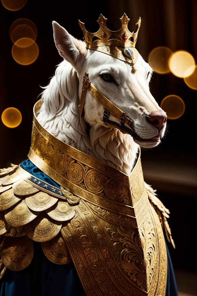 The image is of a white horse wearing a golden crown and armor. The horse is standing in a dark room with a spotlight shining on it. The horse is looking to the right of the frame. The armor is made up of many small pieces of metal that are shaped like leaves. The horse is also wearing a blue cape.