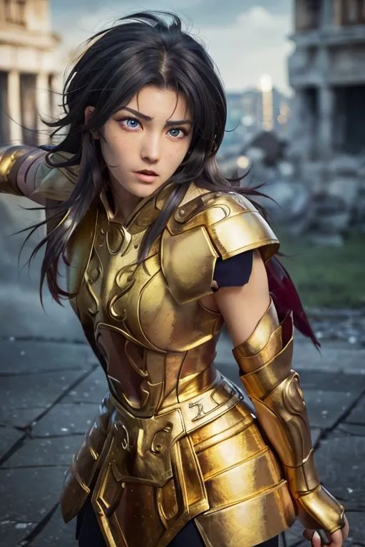 The image shows a young woman with long dark hair and blue eyes. She is wearing a golden armor and a red cape. She is standing in a fighting stance, with her right hand raised and her left hand holding a sword. The background is a ruined city.