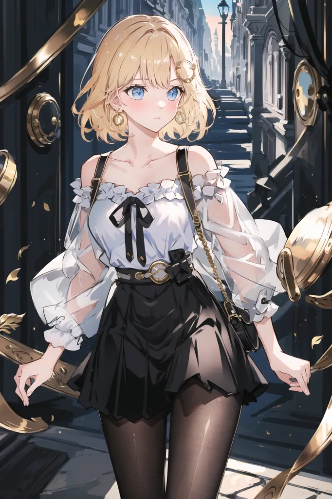 The image shows a young woman with blonde hair and blue eyes. She is wearing a white blouse with a black bow, a black skirt, and black stockings. She is also wearing a gold necklace and a black handbag. She is standing in front of a door with a golden frame. There are golden decorations around her. The background is a blurred cityscape.