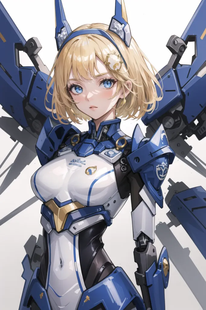 The image shows a beautiful anime girl with short blonde hair and blue eyes. She is wearing a futuristic armor with white, blue, and gold accents. The armor has large shoulder pads and a chest plate with a small yellow symbol in the center. She is also wearing a pair of black boots. The girl is standing in a confident pose, with her right hand on her hip and her left hand holding a gun. She has a serious expression on her face. The background is a blur of light blue and white.