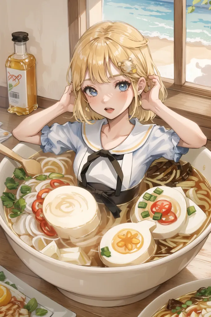 L'image représente une jeune fille d'anime aux cheveux blonds et aux yeux bleus assise dans un grand bol de ramen. Elle porte une robe blanche et bleue avec un nœud noir. La jeune fille est entourée de différents accompagnements, notamment du naruto, des œufs et des oignons verts. Elle a une expression surprise sur le visage.