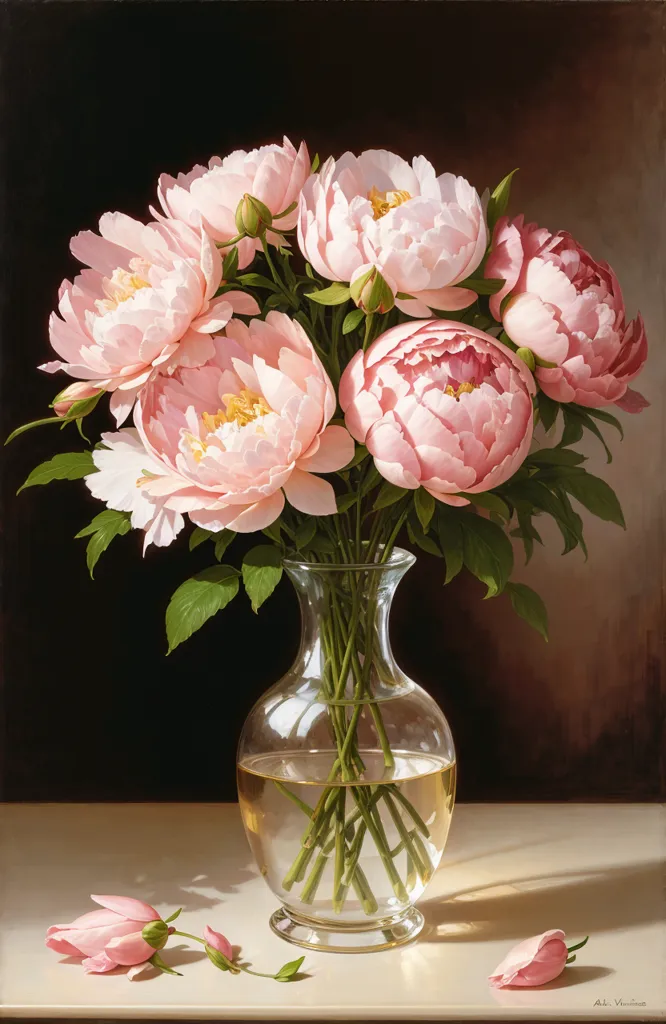 The image is a still life painting of a vase of pink peonies. The vase is a clear glass cylinder with a round bottom. It is sitting on a solid surface that is covered with a white cloth. The peonies are in different stages of bloom, with some of the flowers fully open and others still in bud. The petals of the flowers are a delicate shade of pink, and the leaves are a deep green. The painting is done in a realistic style, and the artist has paid close attention to the details of the flowers and the vase. The overall effect of the painting is one of beauty and tranquility.