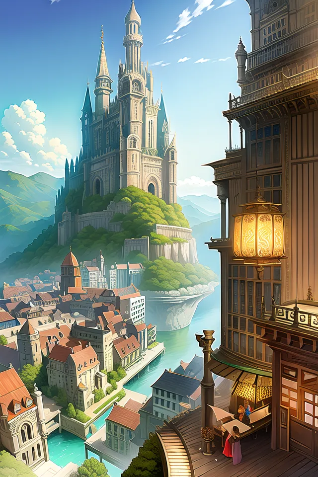 The image is of a fantasy city. There is a large castle on a hill in the background. The castle is surrounded by a town with many houses and shops. There is a river running through the town. The river is spanned by a bridge. There are people walking around in the town. The people are wearing medieval clothes.