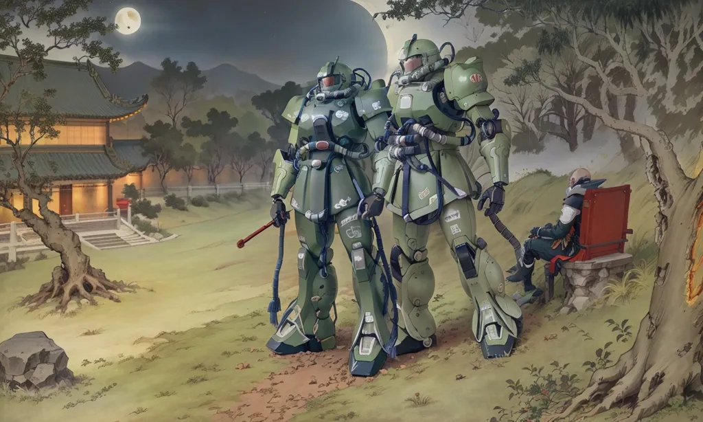 The image depicts two green mech suits with red accents standing in a field with a traditional Asian house in the background. The suits are armed with large guns and have hoses attached to their backs. There is a tree to the left of the house and several large rocks on the ground. The sky is dark, and there is a full moon.