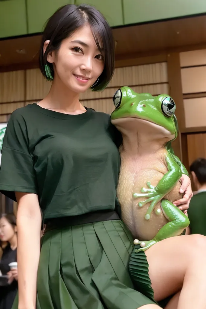 L'image montre une femme japonaise aux cheveux noirs courts et aux yeux verts. Elle porte un chemisier vert et une jupe plissée verte. Elle est assise sur une grande statue de grenouille verte, une main sur la patte de la grenouille et l'autre autour de son cou. La grenouille a des détails réalistes et de grands yeux noirs. La femme sourit à l'appareil photo. L'arrière-plan est flou, avec des gens qui marchent autour.