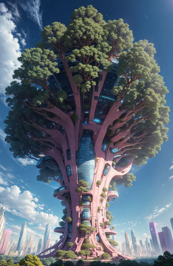 The image shows a futuristic city built around a giant tree. The tree is pink and has a lush green canopy. The city is made up of tall buildings and skyscrapers, which are connected by walkways and bridges. There are also several flying cars in the air. The sky is blue and there are some clouds in the distance.