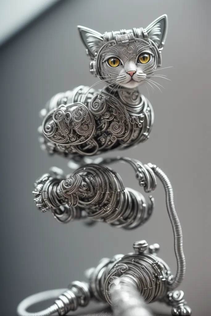 The image is a 3D rendering of a steampunk cat. The cat is made of metal and has a variety of wires and gears exposed. The cat is sitting on a metal perch and is looking at the viewer with its head cocked to one side. The cat's eyes are yellow and its fur is gray. The background is a light gray color.