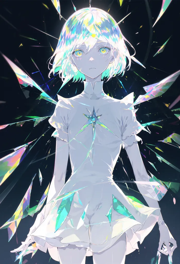 The image is of a young girl with short white hair and green eyes. She is wearing a white dress with a star-shaped gem on the front. The girl is standing in front of a dark background, and there are several sharp, crystal-like objects floating around her. The girl's expression is one of sadness and resignation.